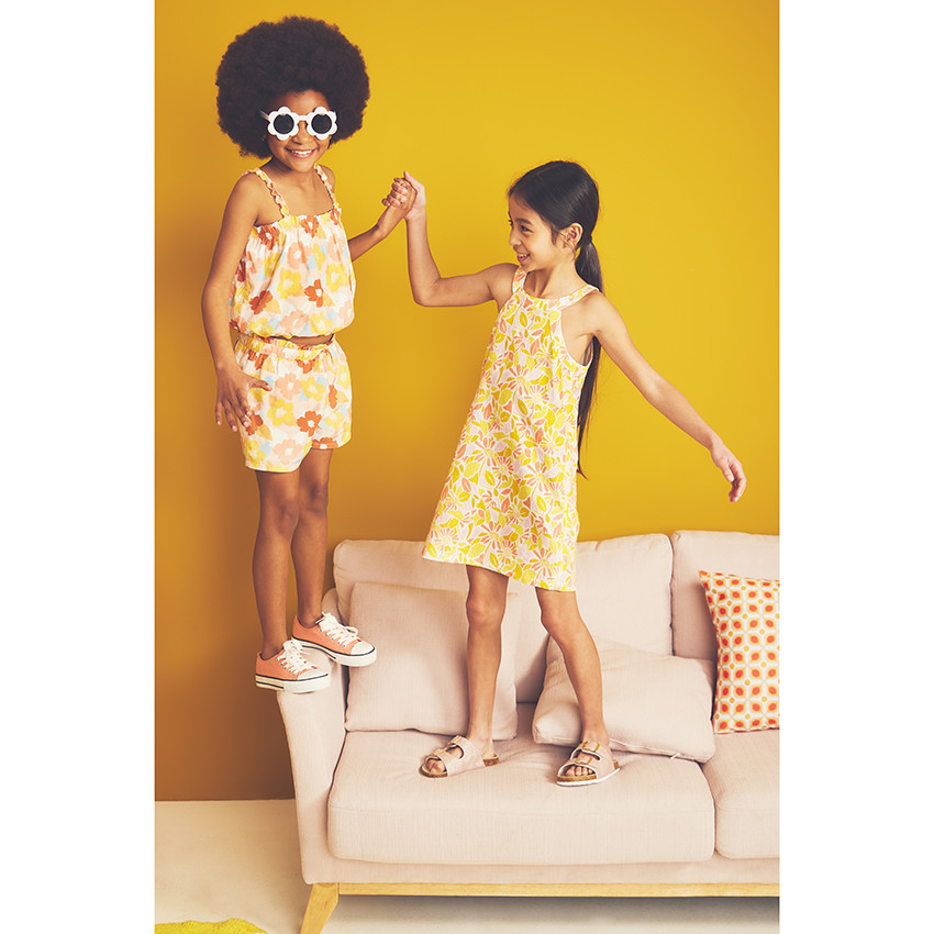 Robe à bretelles imprimé floral rétro pour fille 