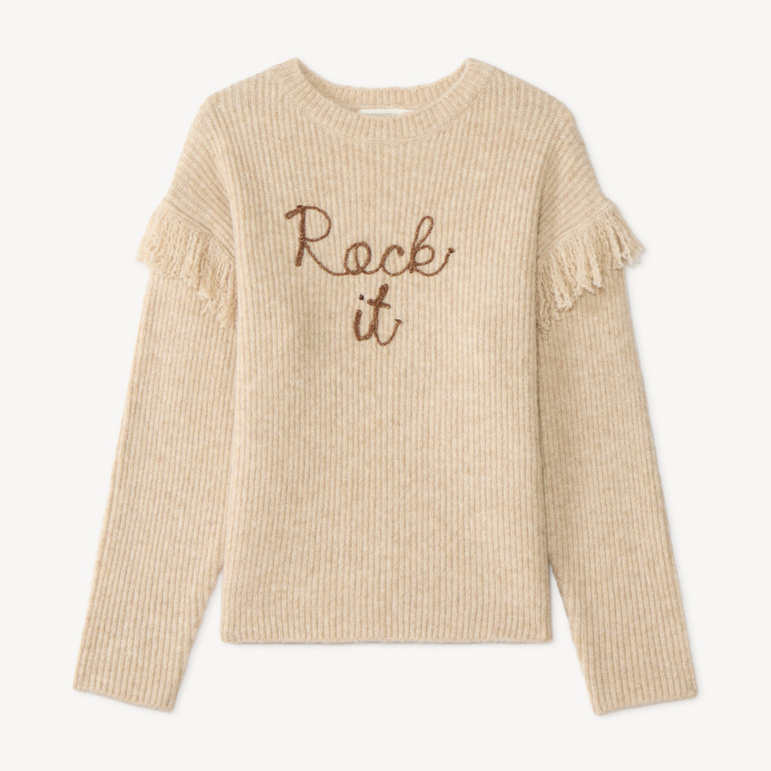 Pull tricot fille à franges lettrage en cording 