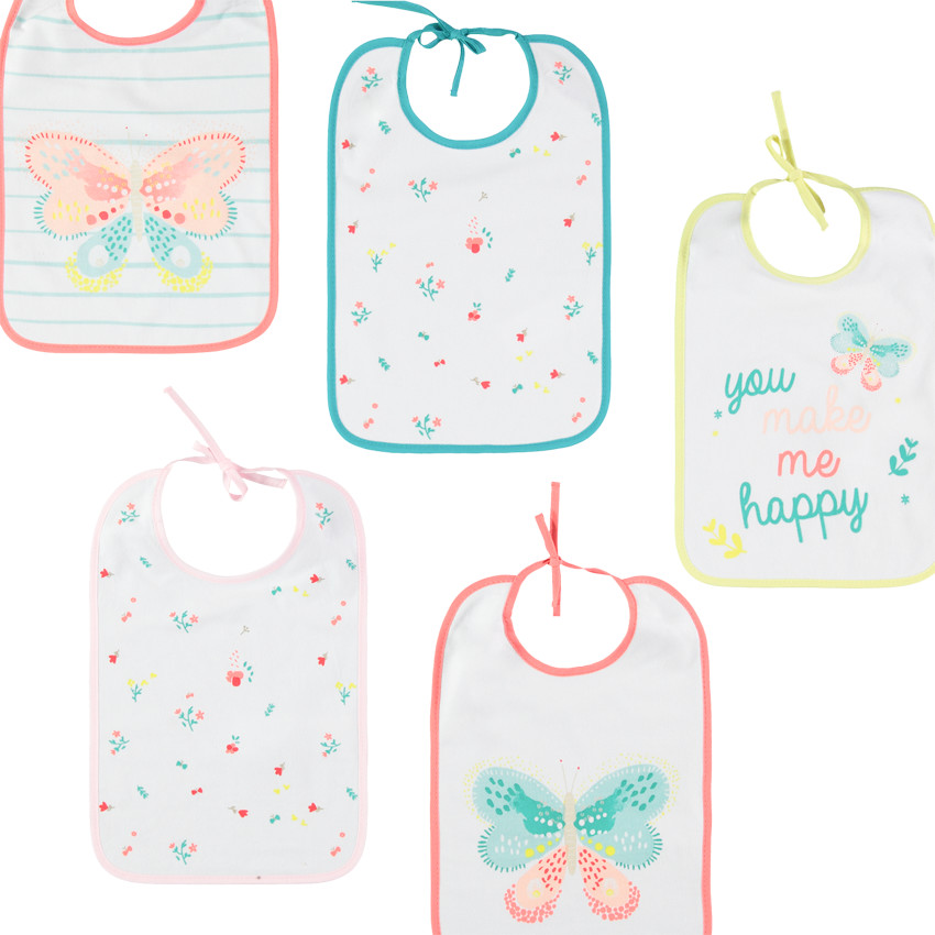 Lot de 5 bavoirs à motifs fantaisie et papillons colorés 