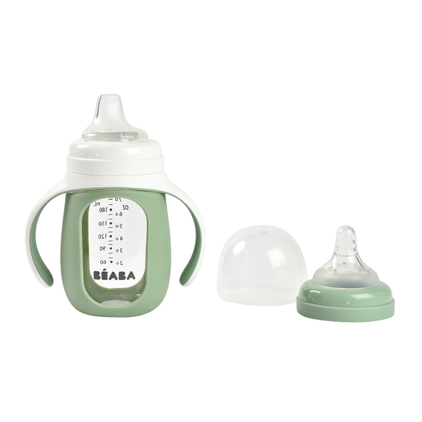 Biberon d'apprentissage 2 en 1 en verre 210ml - Vert sauge 