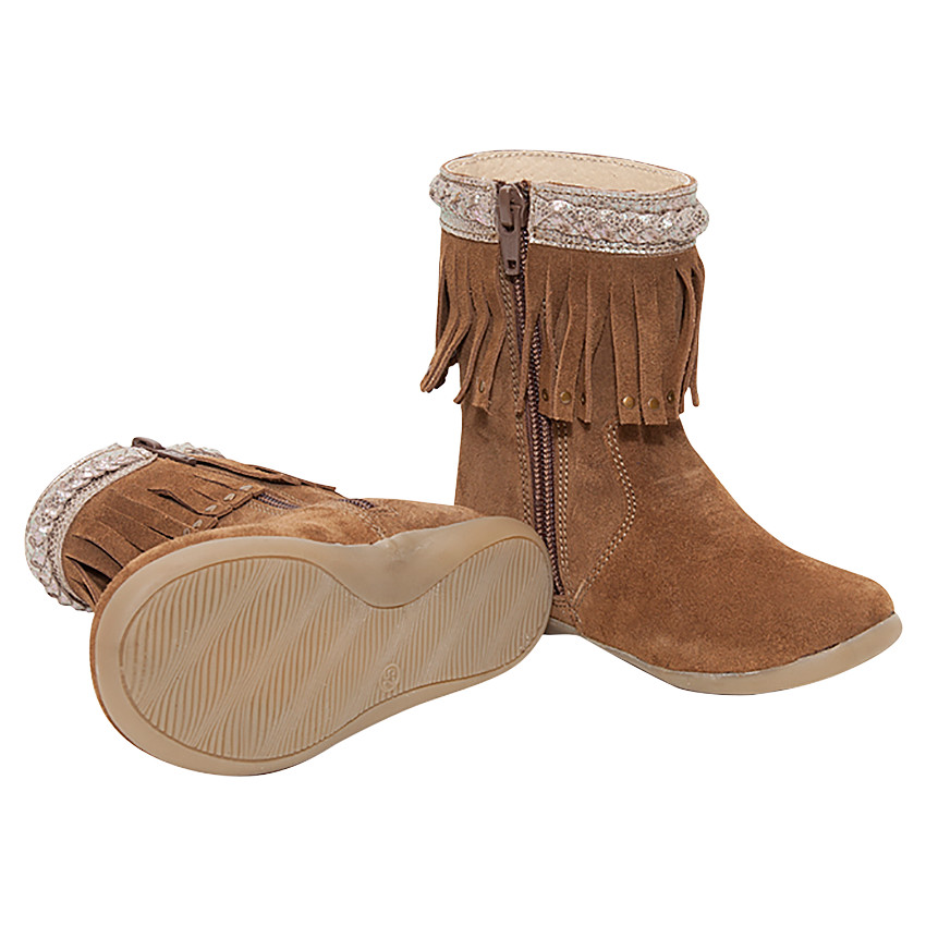 Bottines en cuir camel avec franges fantaisie 