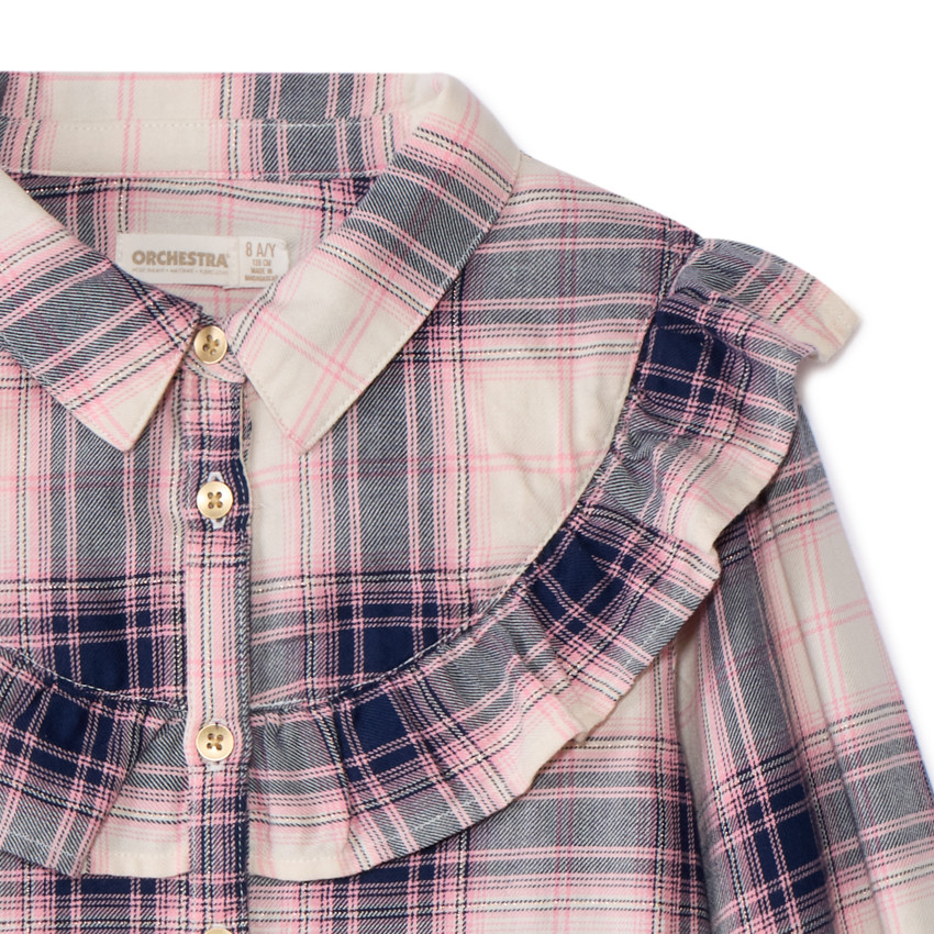 Chemise manches longues en toile à carreaux et volants pour fille 