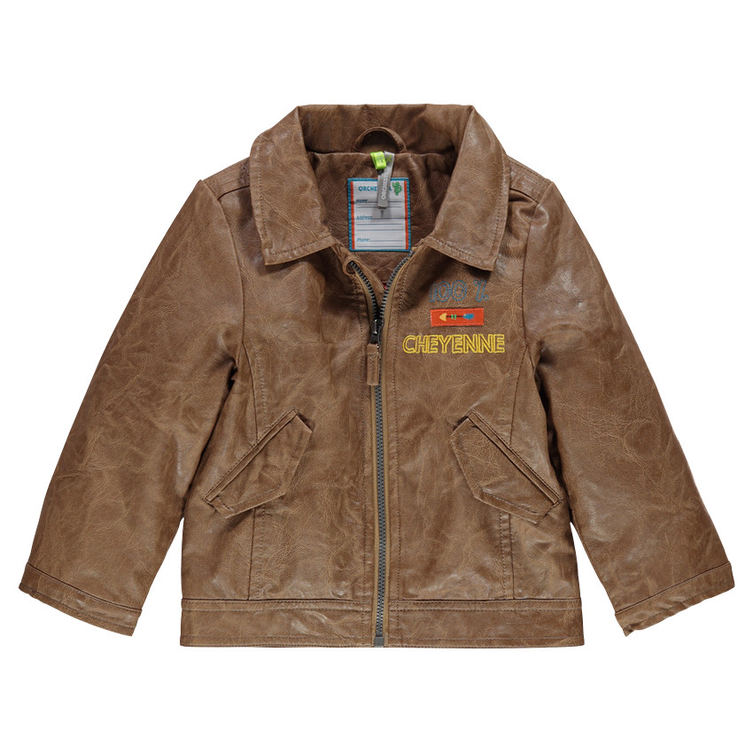 Veste en simili cuir effet used avec inscriptions brodées 