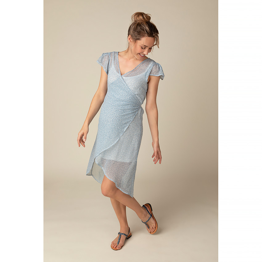 robe longue de grossesse en transparence à manches courtes - bleu