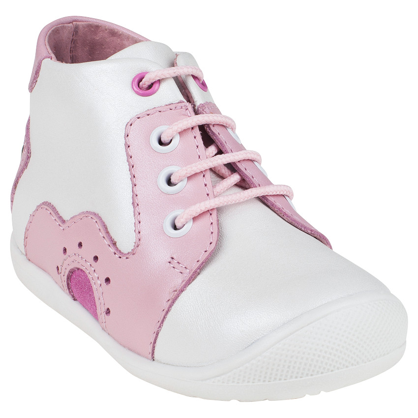 Bottillons en cuir blancs et roses à lacets 