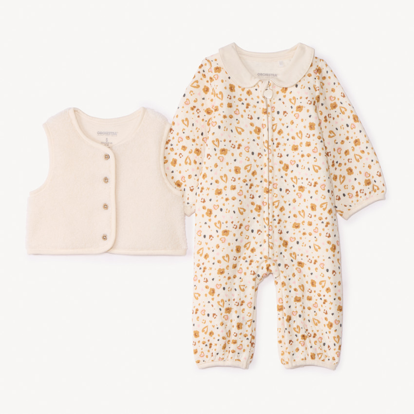 Ensemble combinaison imprimée + gilet pour bébé fille 