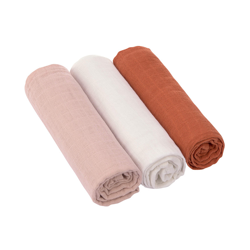 Lot de 3 langes en mousseline rouille/blanc/rose poudré