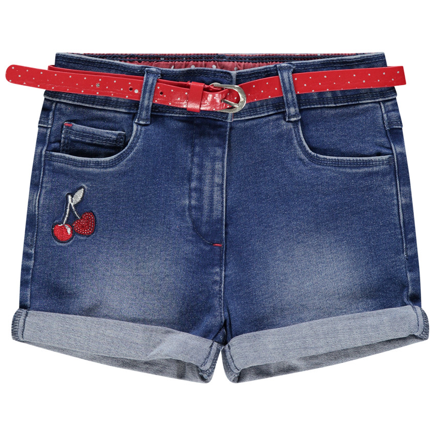 Short en jean effet used à cerises brodées 