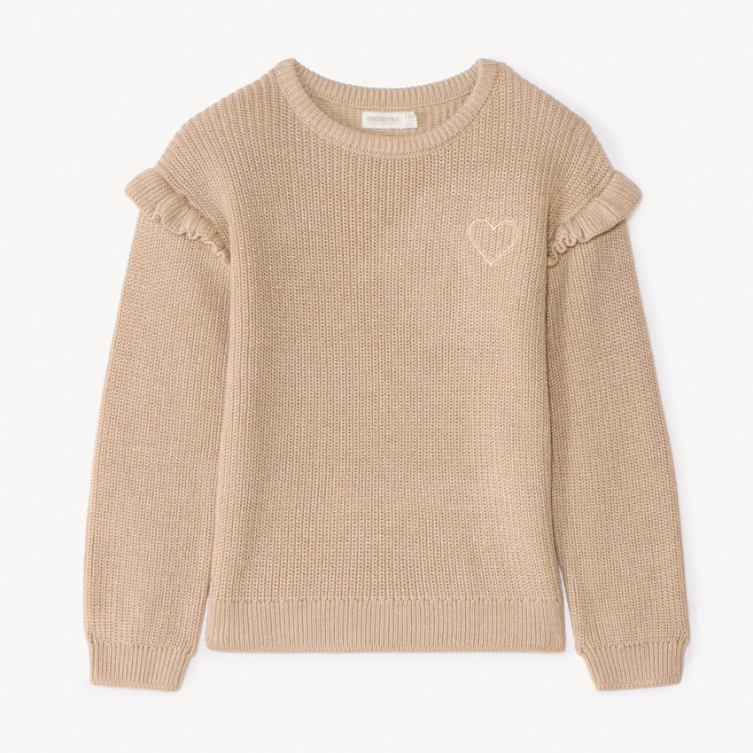 Pull en tricot perlé uni brodé cœur pour fille