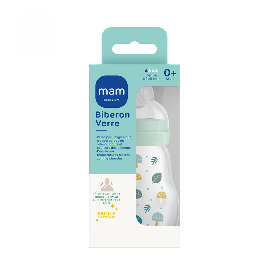 Biberon en verre 0/6 mois 170ml - Tétine débit 1 - Bleu 