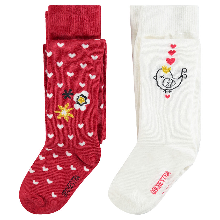Lot de 2 collants épais rouge à coeurs all-over / uni avec oiseau printé 
