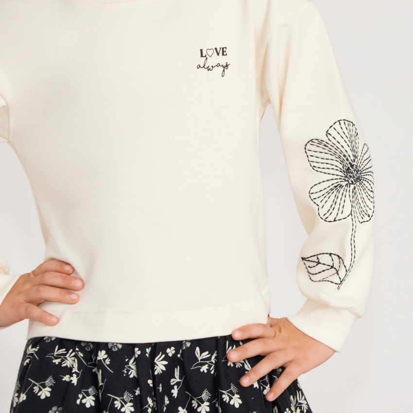 Robe fille bi-matière manches longues broderie fleurie 