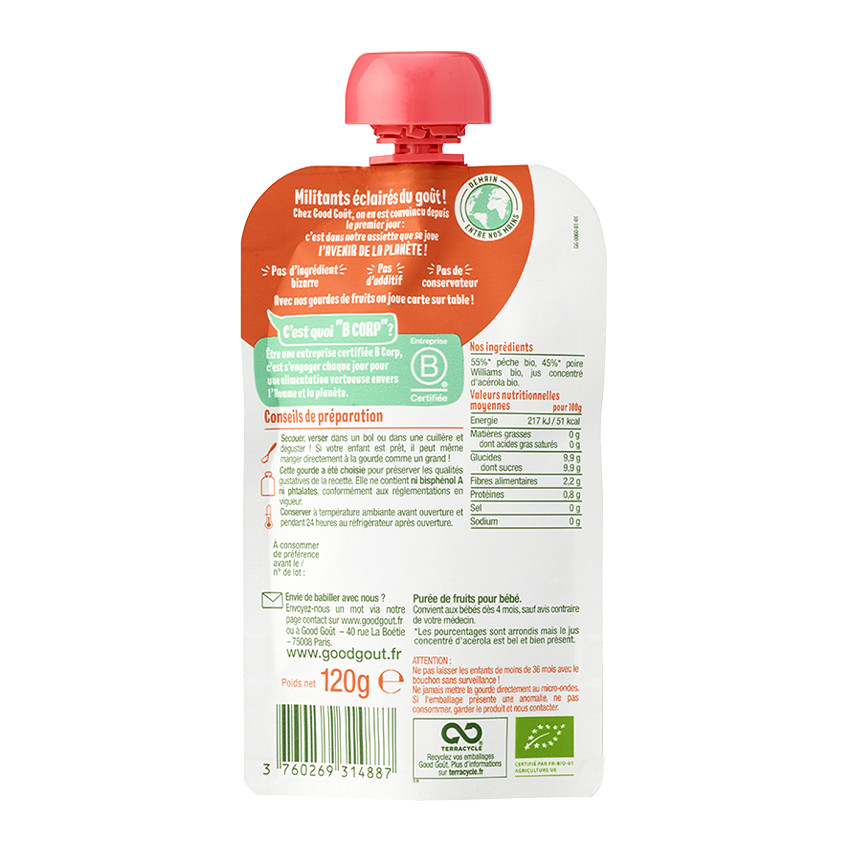 Compote de fruits en gourde pêche/poire bio - 120g 