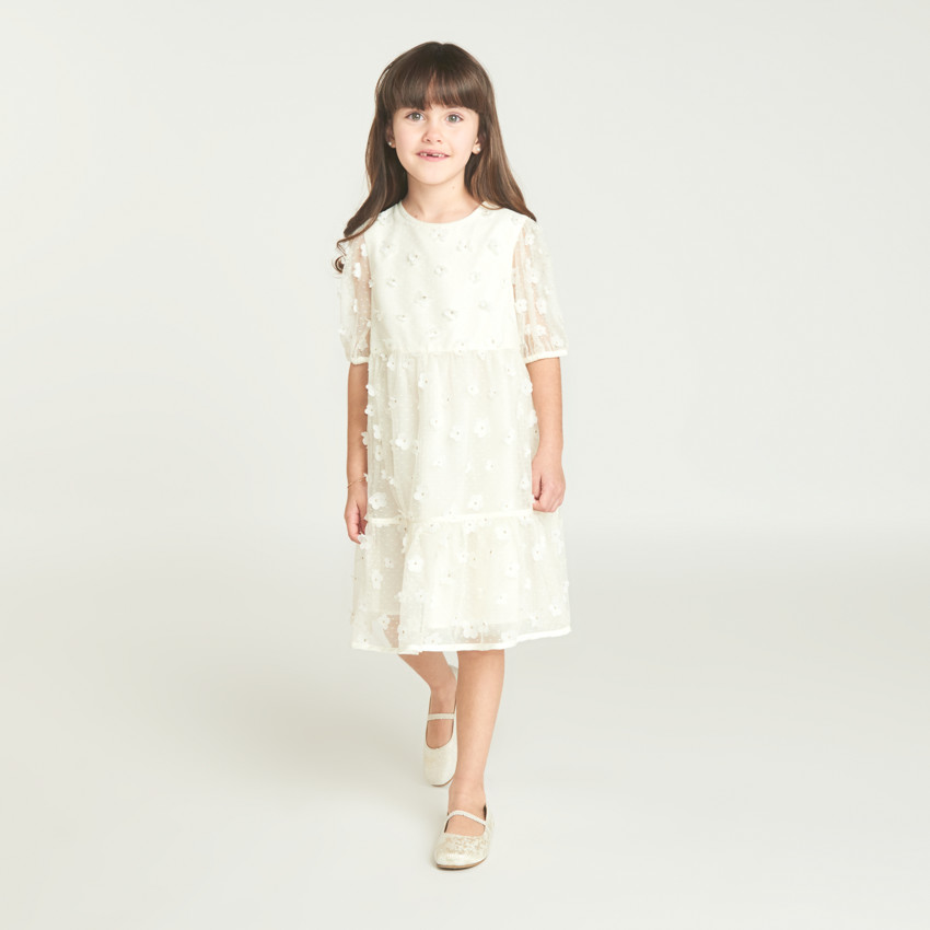 Robe à manches courtes en toile avec fleurs 3D pour fille 