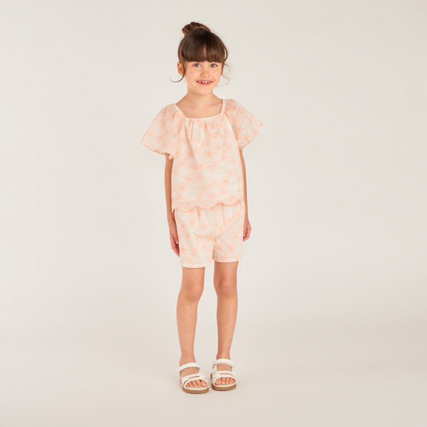 Ensemble 2 pièces t-shirt + short en broderie fleurie bicolore pour fille