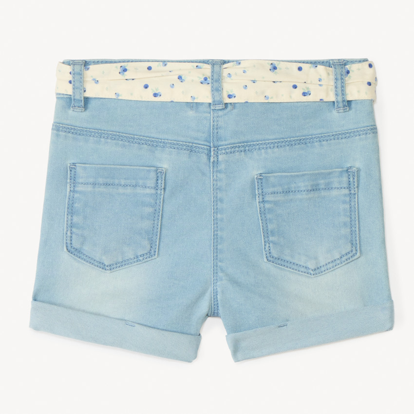 Short en denim avec broderie fruit + ceinture à nouer pour bébé fille 