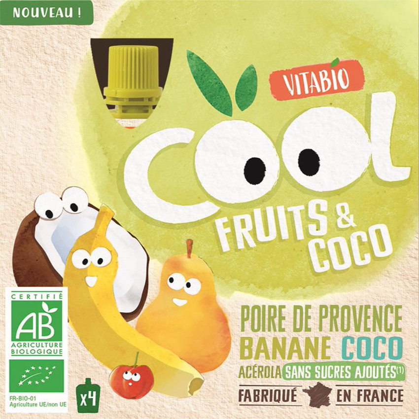 Gourdes sucrées Cool Fruits de Poire, Banane et Coco 4x85g 