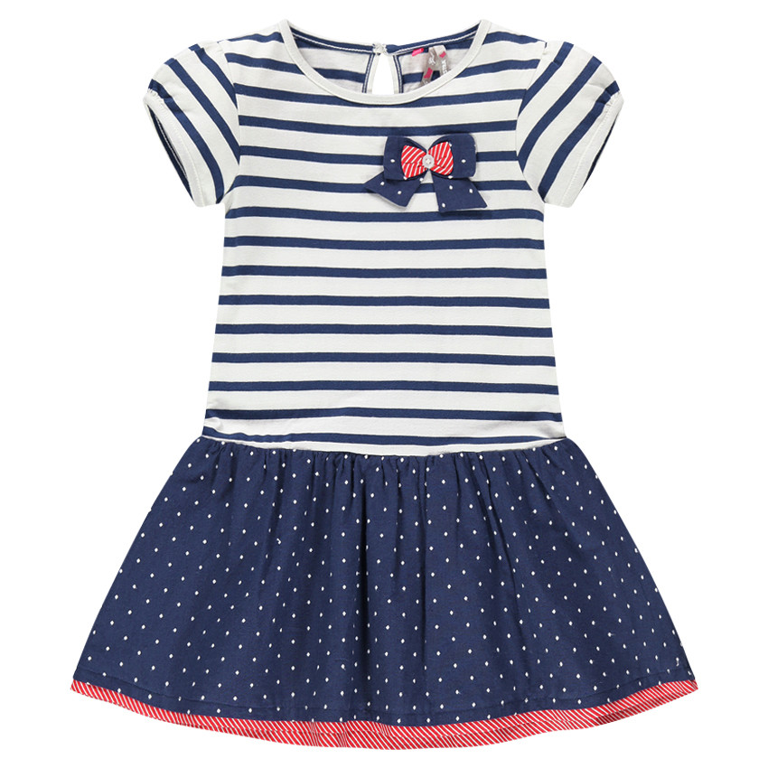 Robe manches courtes marinière avec noeud cousu et volant à pois 