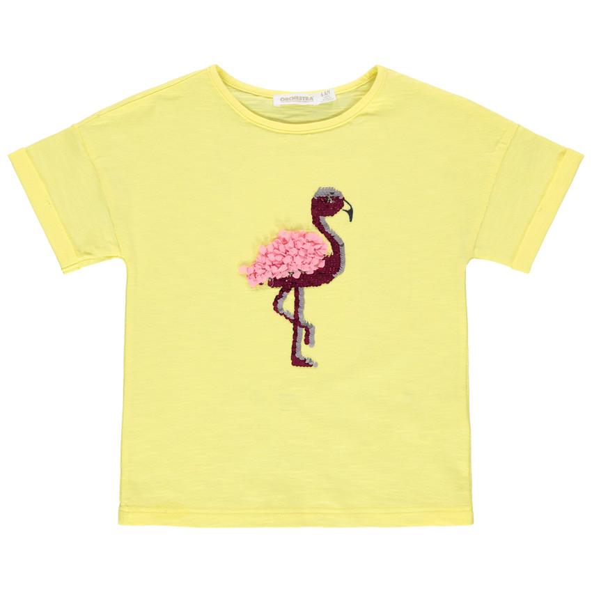 T-shirt manches courtes motif flamant rose en sequins magiques 