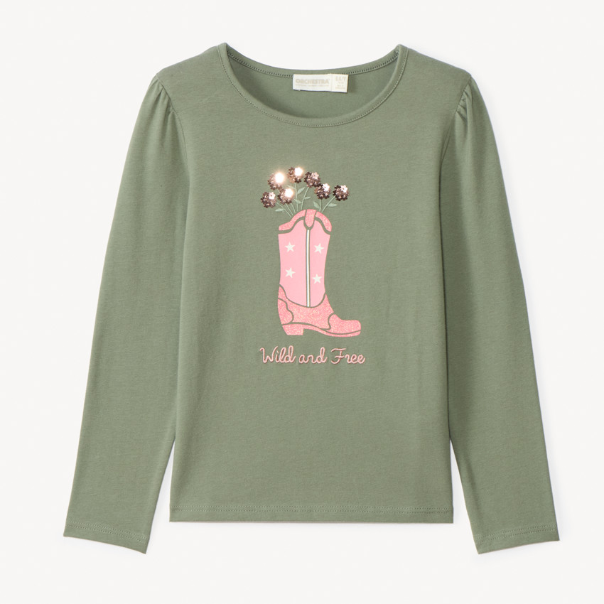 T-shirt manches longues print santiags et broderie pour fille