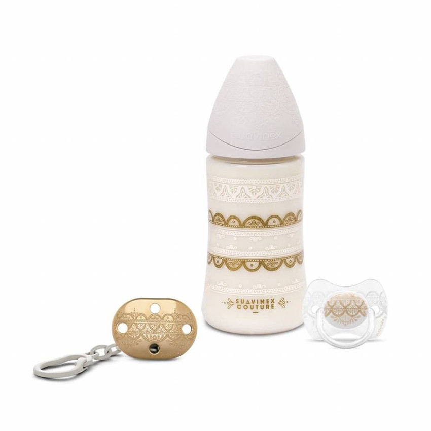 Set biberon 270 ml + sucette réversible silicone + attache-sucette - Blanc 
