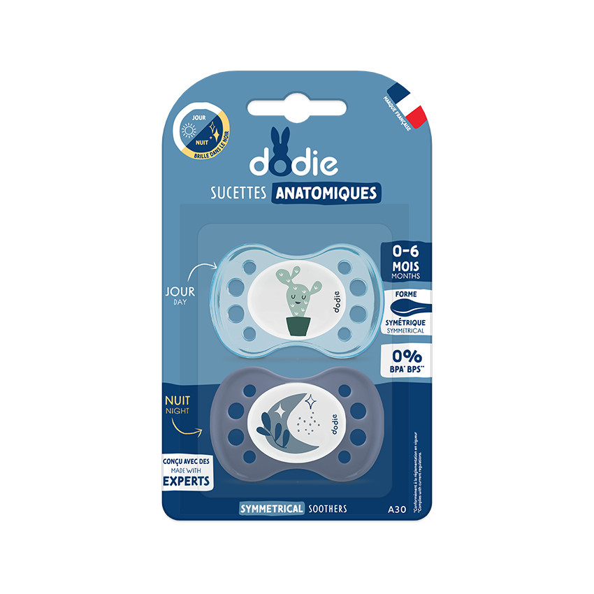 Lot de 2 sucettes cactus et lune en silicone anatomique 0-6M 