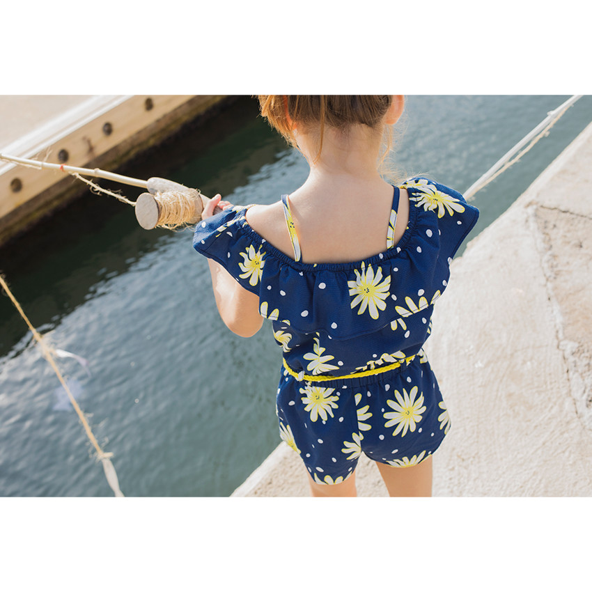 Combishort en maille fantaisie avec fleurs printées et ceinture tressée 