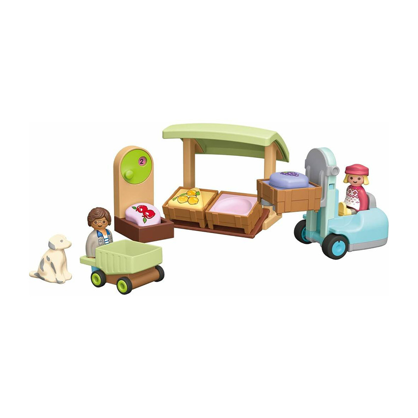 Figurine avec étal de fruit et légumes bio