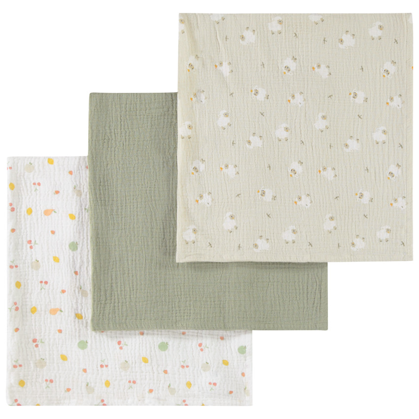 Lot de 3 langes en gaze 70 x 70 cm La Vie à la Ferme - Vert (Prémaman) - Image 1