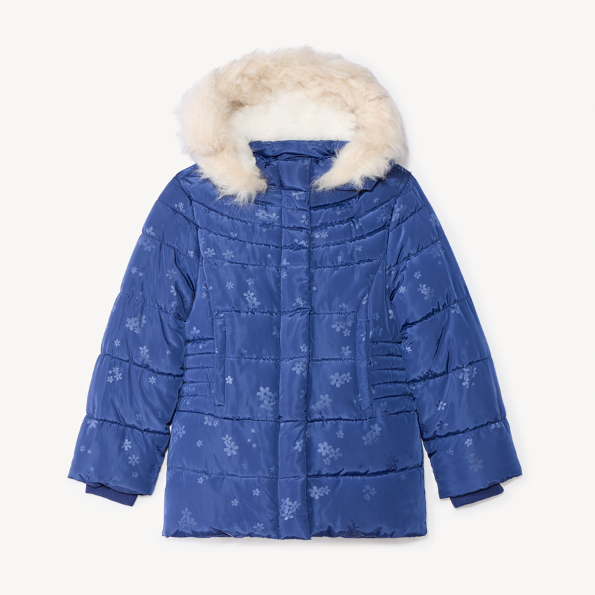 Doudoune longue en toile imprimé et capuche pour bébé fille