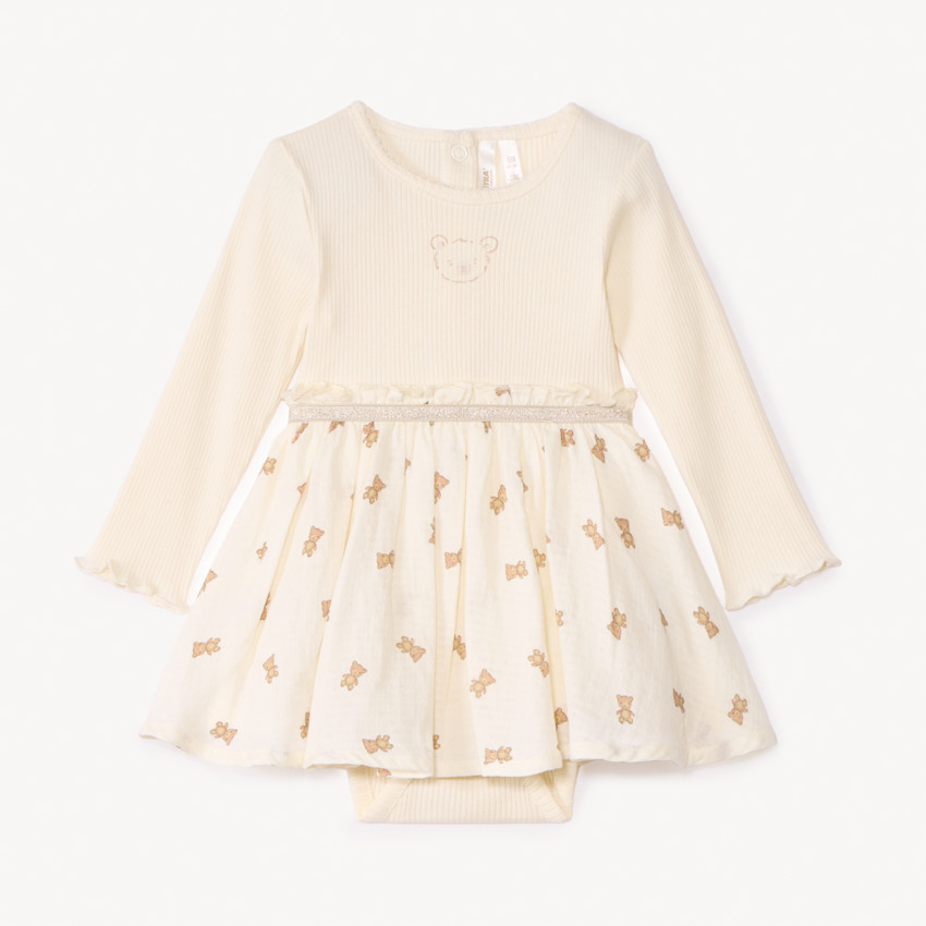 Robe effet 2 en 1 imprimé oursons pour bébé fille - Ecru