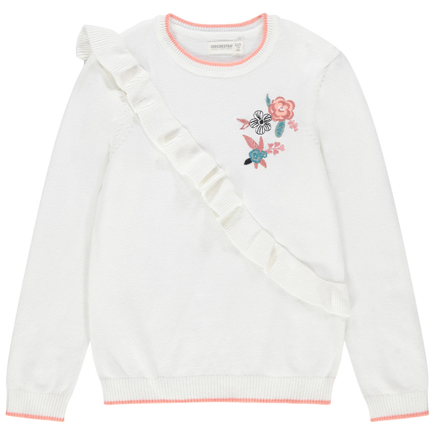 Pull en tricot volanté à fleurs brodées 