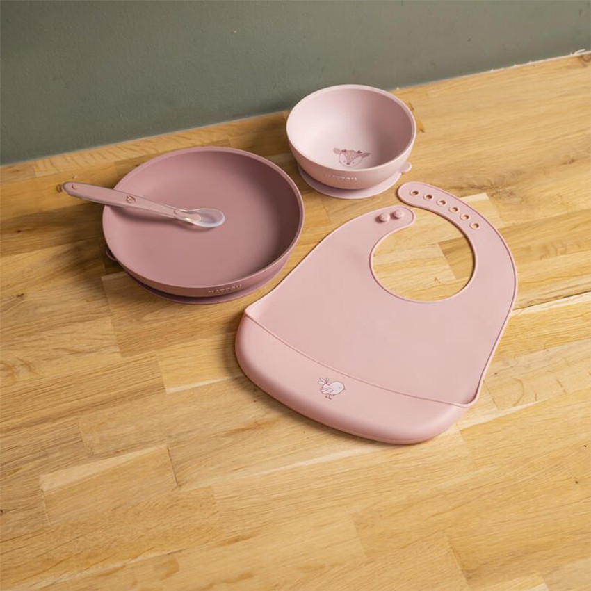 Coffret repas 4 pièces avec bavoir silicone – Biche Rose 