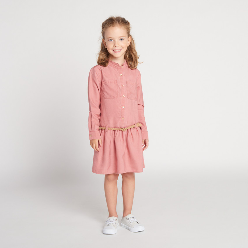 Robe manches longues style chemise avec ceinture tressé pour fille