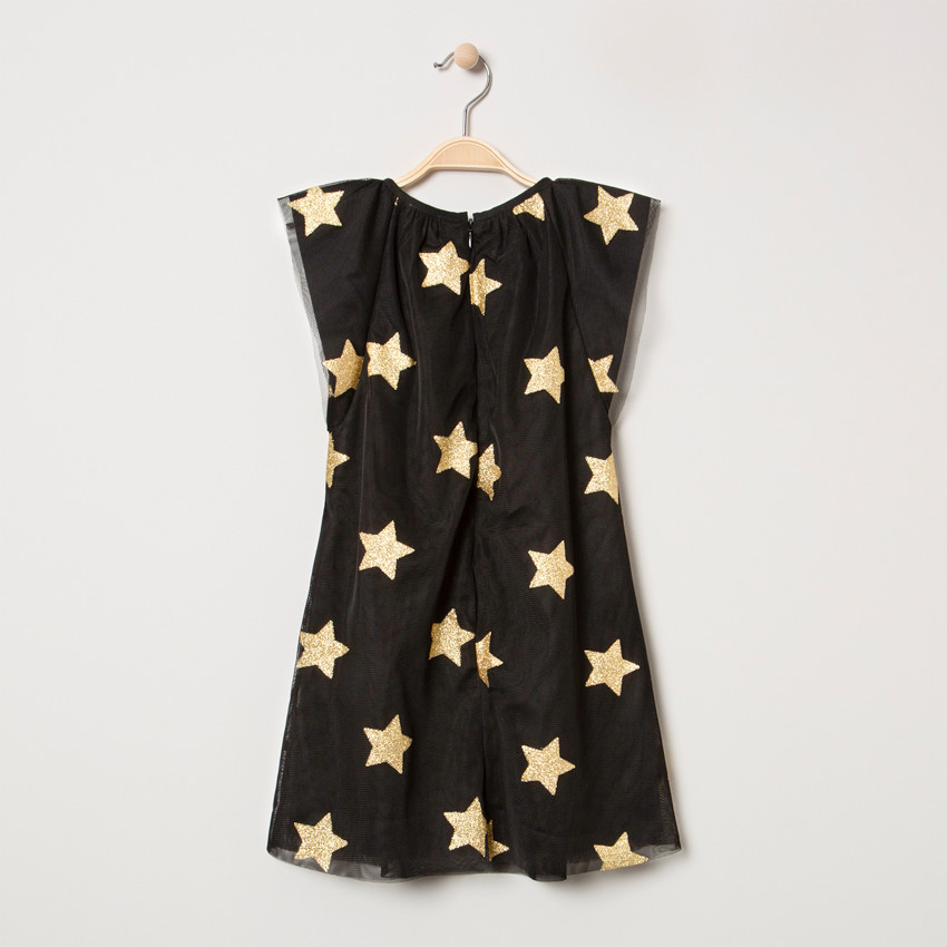 Robe de fête manches courtes en tulle à étoiles dorées  