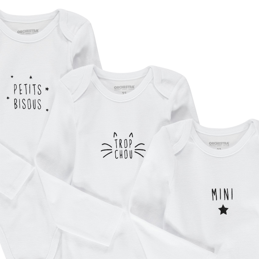 Lot de 3 bodies manches longues unis à message printé pour bébé fille 