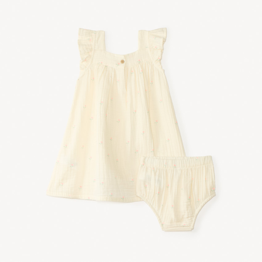 Ensemble 3 pièces robe + bloomers + bandeau en gaze de coton pour bébé fille 