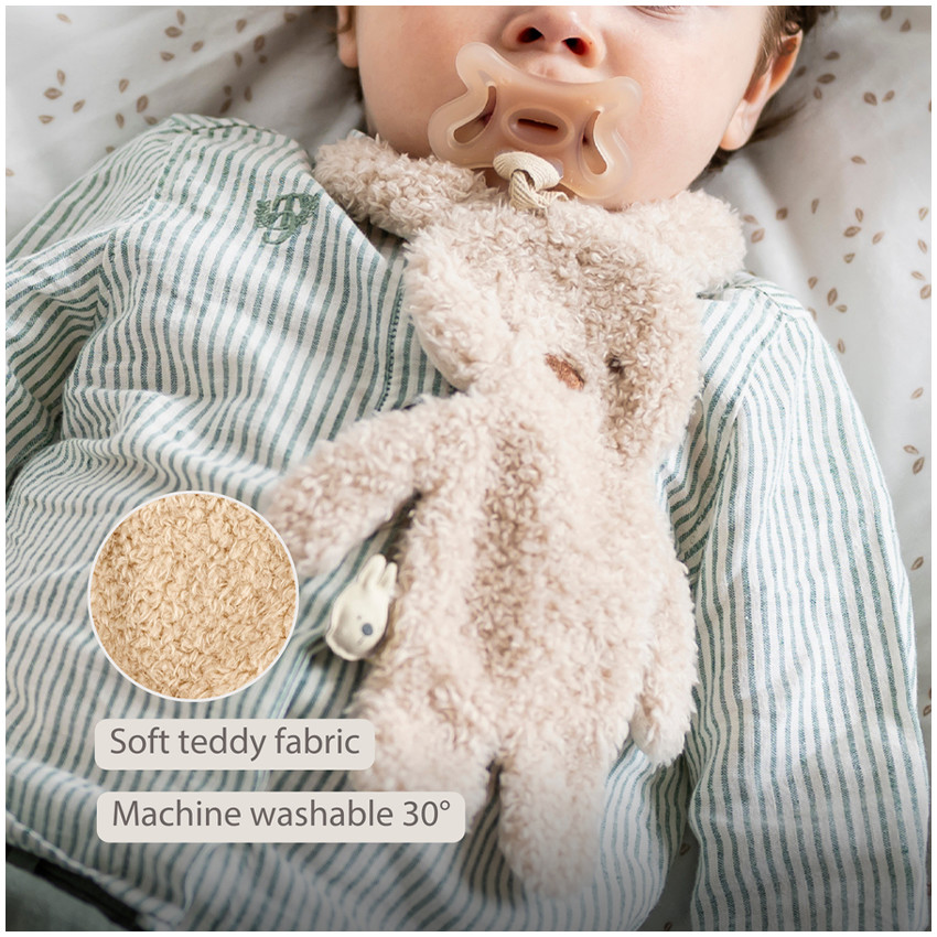 Doudou attache-sucette Lapin Teddy bouclette Beige 