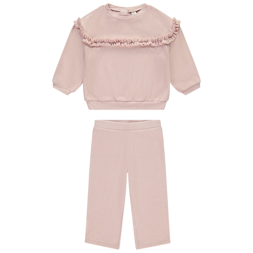 Ensemble sweat fantaisie + pantalon uni en maille côte pour bébé fille