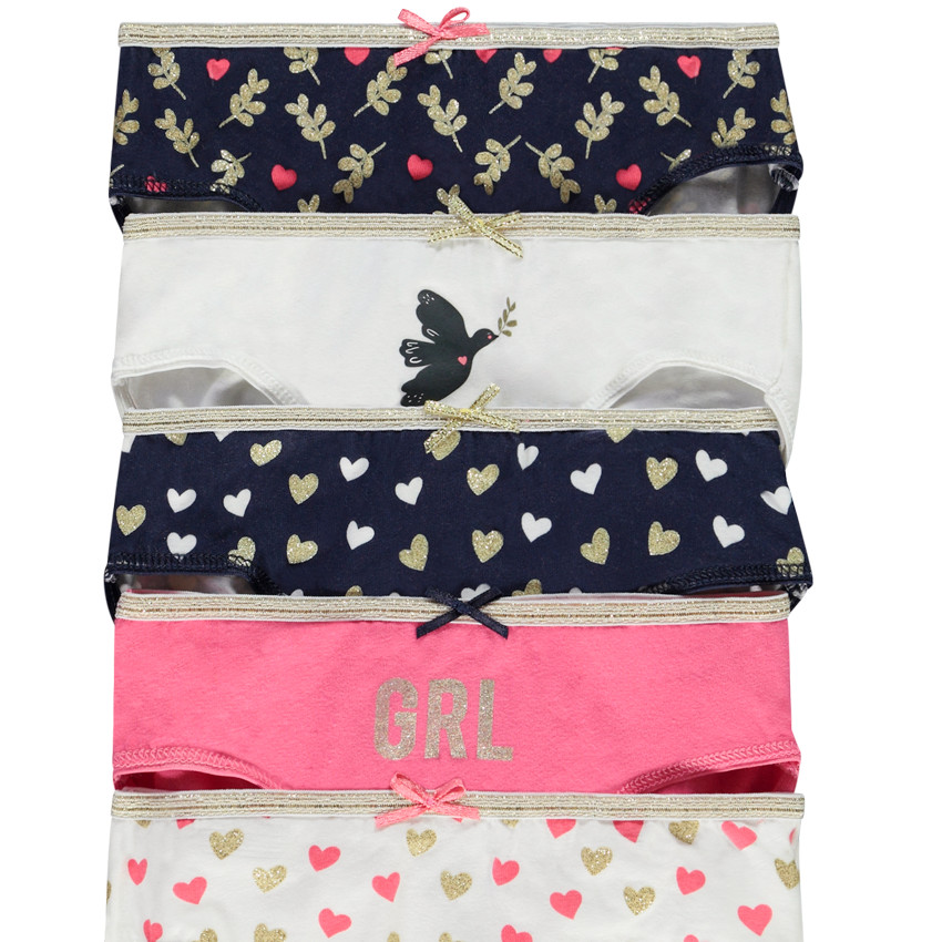 Lot de 5 culottes imprimé cœurs pailletés pour fille 