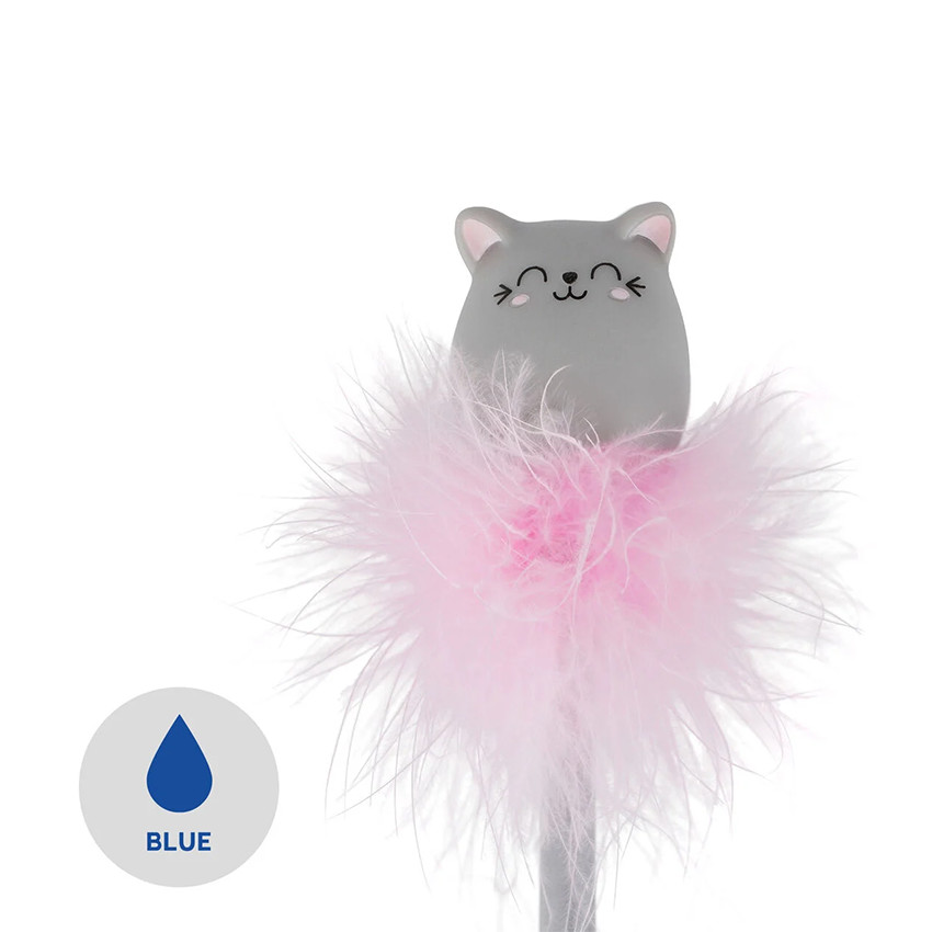 Stylo bille à plumes avec chat lumineux gris 