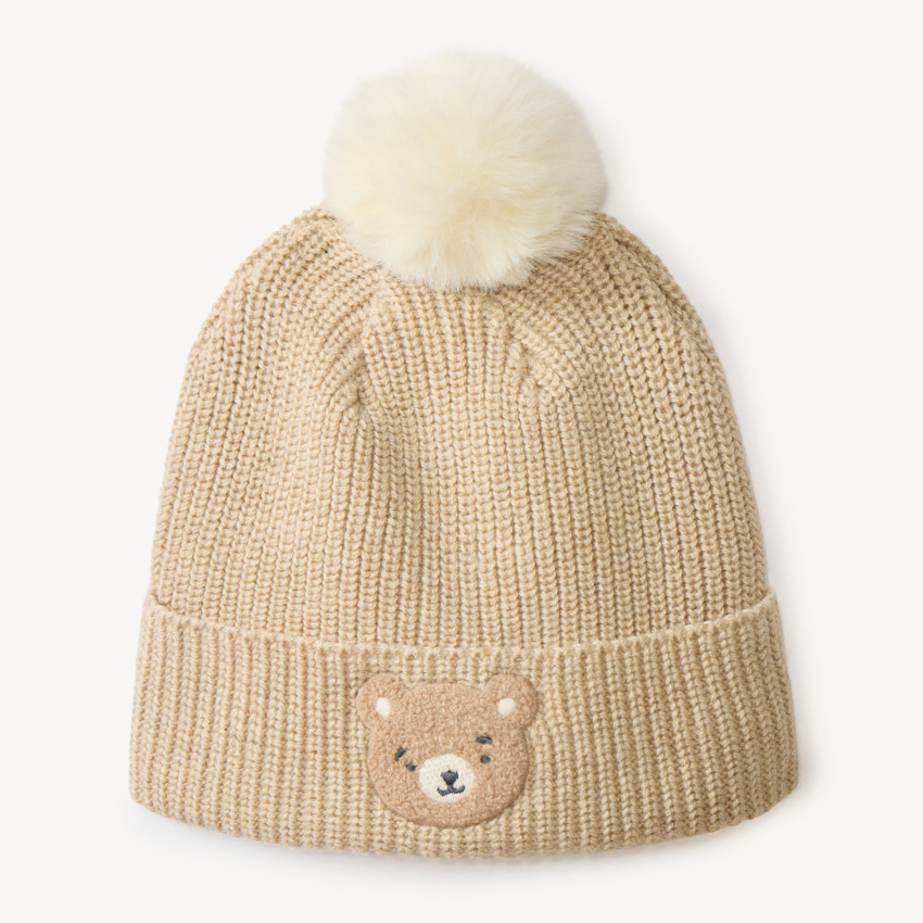Bonnet naissance à pompon broderie tête d'ours 