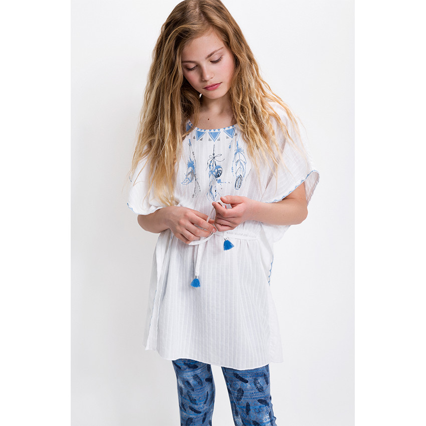 Junior - Tunique poncho en voile print plumes et lien à pompons 