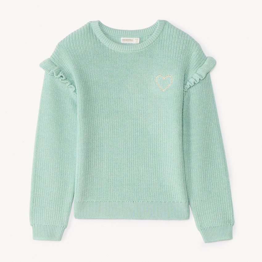 Pull en tricot perlé uni brodé cœur pour fille