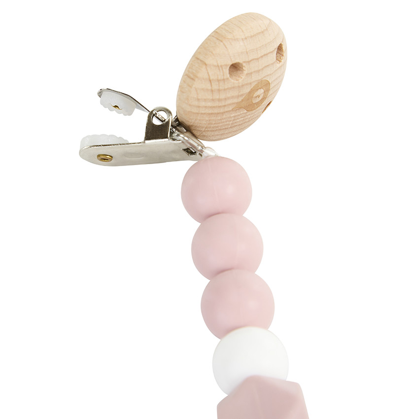 Attache-sucette en bois et silicone rose 