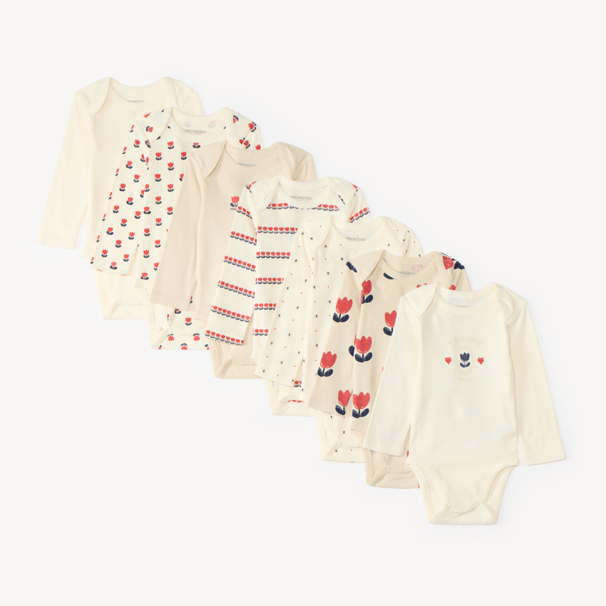 Lot de 7 bodies manches longues bébé fille motif tulipe