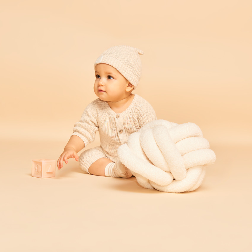 Combinaison + bonnet en tricot perlée uni pour bébé 