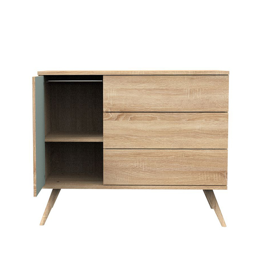 Commode à 3 tiroirs et 1 porte Seventies aspect chêne doré/sauge 