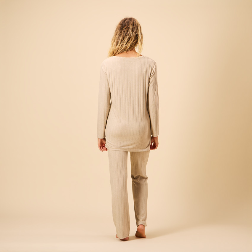 Set pyjama 2 pièces uni effet côtelé pour femme 