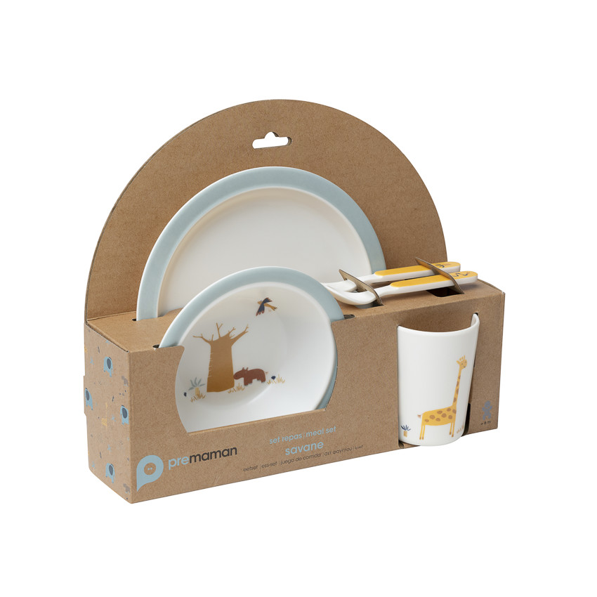 Set repas 5 pièces en mélamine Savane écru/bleu 